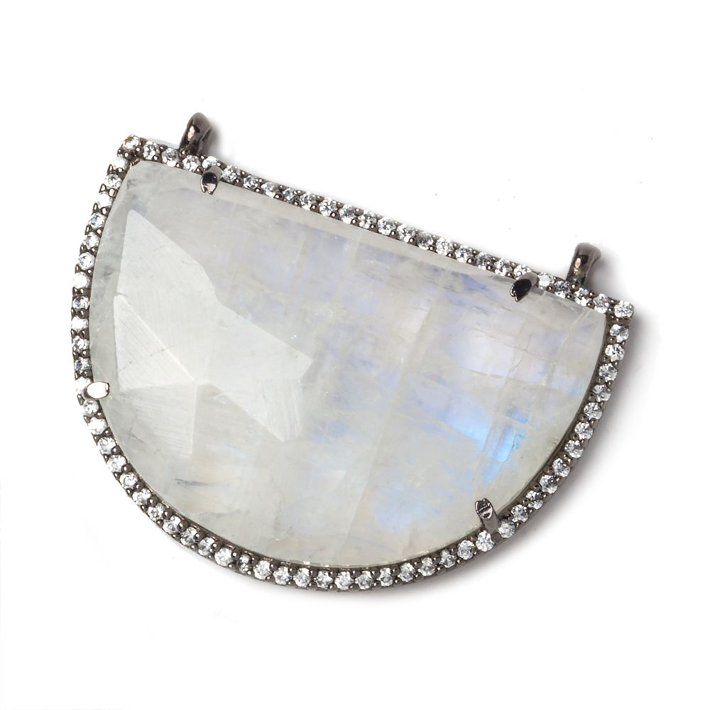 32x23mm Black Gold Bezel CZ and Rainbow Moonstone Half Moon 2 ring Connector 1 piece