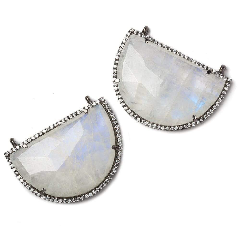 32x23mm Black Gold Bezel CZ and Rainbow Moonstone Half Moon 2 ring Connector 1 piece