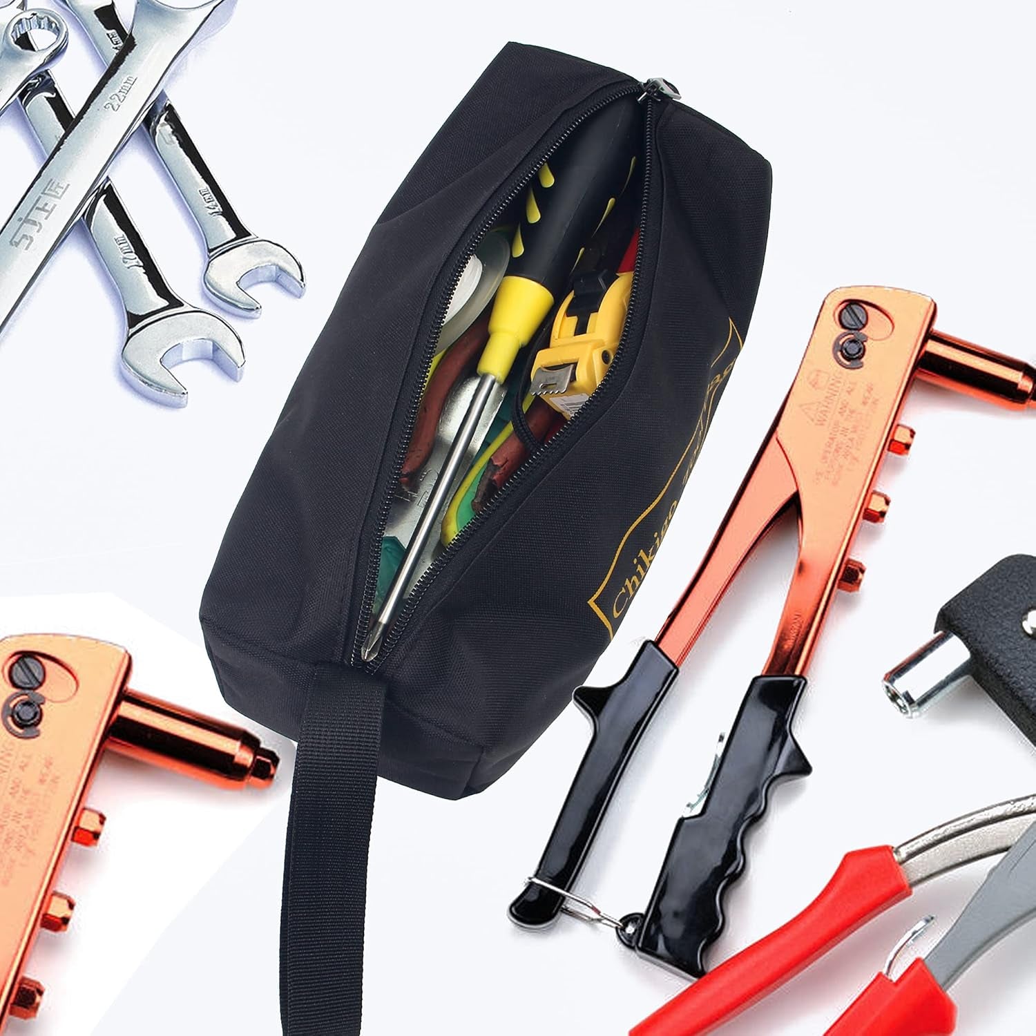 4-Pack Small Tool Bags with Zipper, Waterproof Tool Pouch Double Layer Tool Bag Organizer with Portable Handle, Multi-Purpose Black Tote Bag for Storage and Sorting (11 X 4.3 X 3.54 Inches)