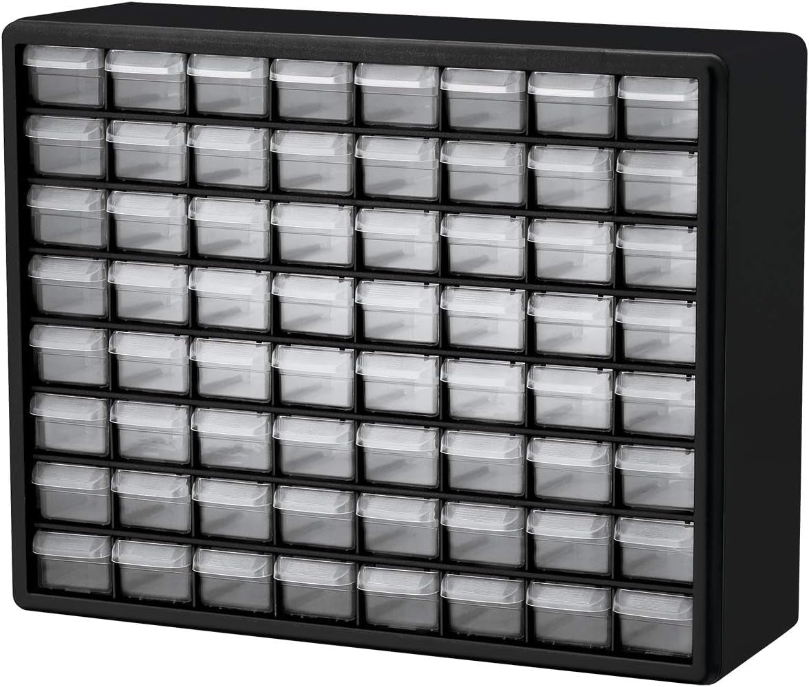 64-Drawer Plastic Drawer Storage Cabinet for Garage Organization, Bead Organizer, Building Bricks Storage, Teacher Toolbox, Makeup Organizer, 20-Inch W X 6-Inch D X 16-Inch H, 10164 Black