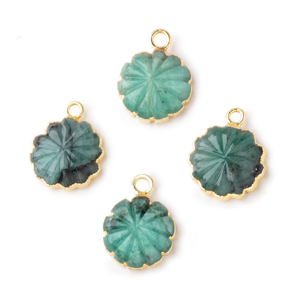 11mm 22kt Gold Leafed Brazilian Emerald carved floral coin Pendant 1 focal bead