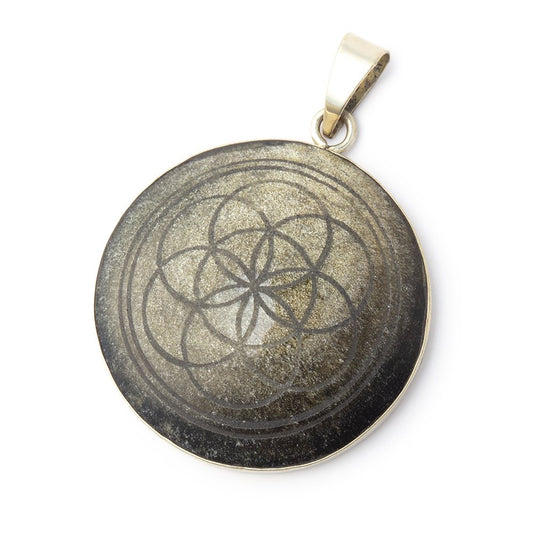 34mm .925 Silver Bezel Golden Sheen Obsidian Carved Coin Pendant 1 Piece