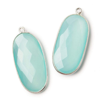 34x16mm Silver .925 Bezeled Seaglass Chalcedony faceted Oval Pendant 1 piece