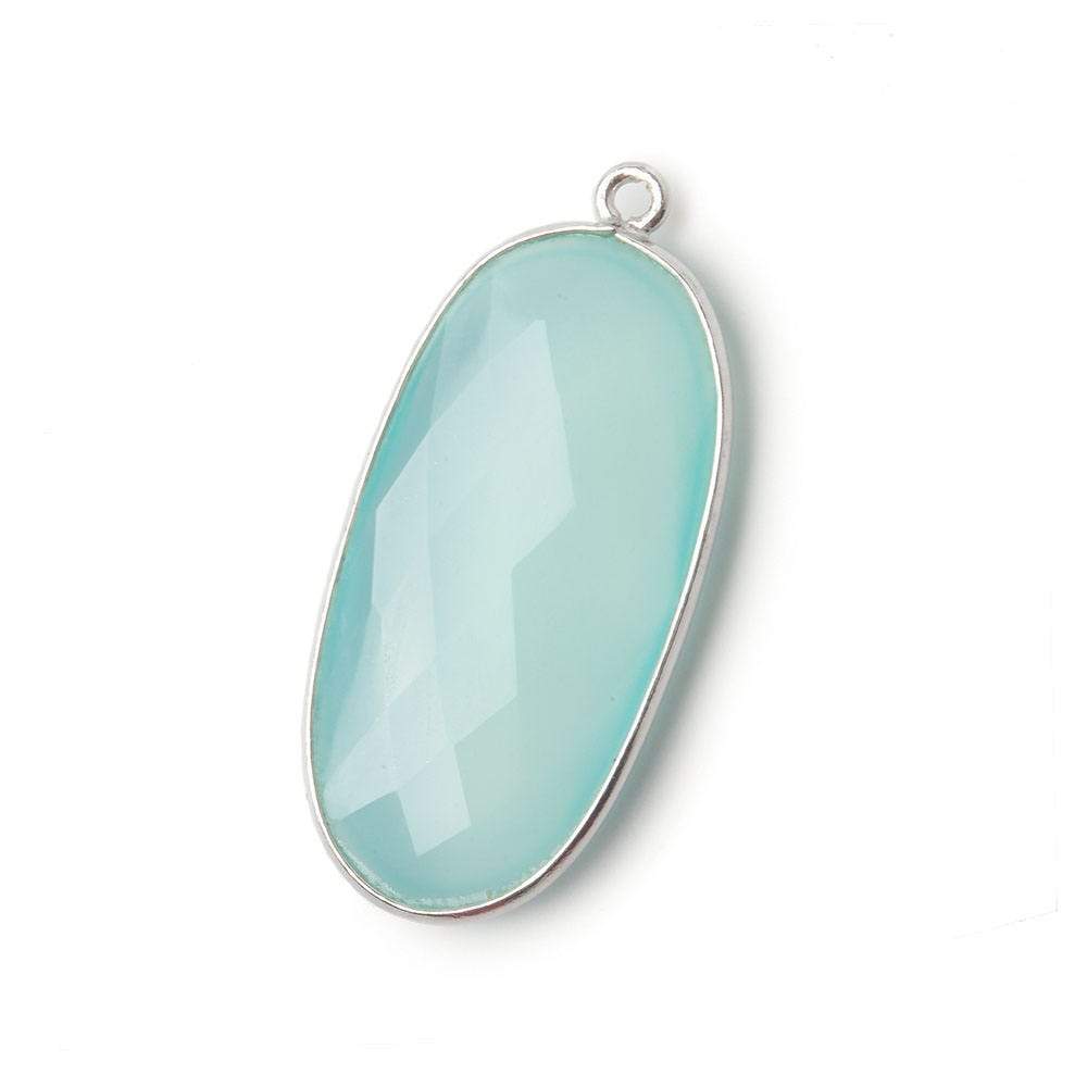 34x16mm Silver .925 Bezeled Seaglass Chalcedony faceted Oval Pendant 1 piece