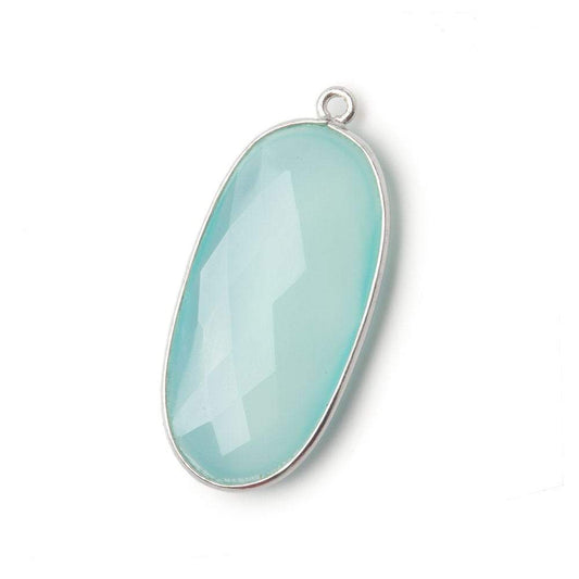 34x16mm Silver .925 Bezeled Seaglass Chalcedony faceted Oval Pendant 1 piece