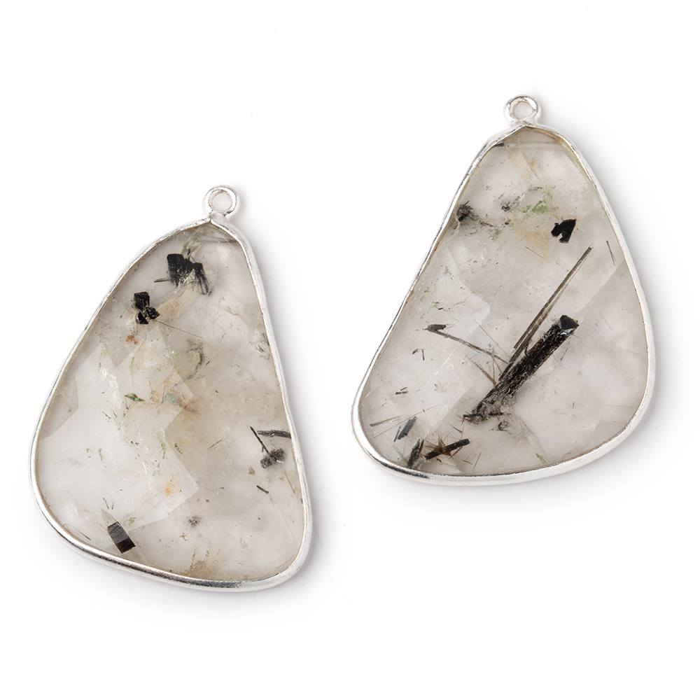 34x24mm .925 Silver Bezel Tourmalinated Quartz Faceted Freeform Set of 2 Pendants