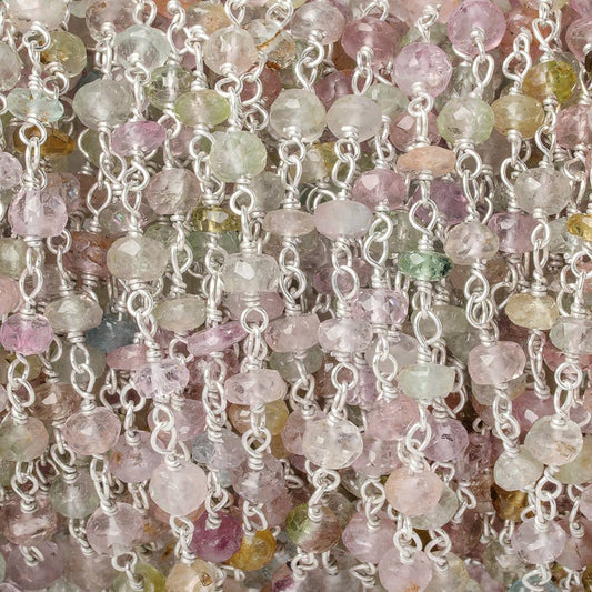 3.5-4mm Afghani Multi Color Tourmaline faceted rondelle Sterling Silver Chain by the foot 42 pieces