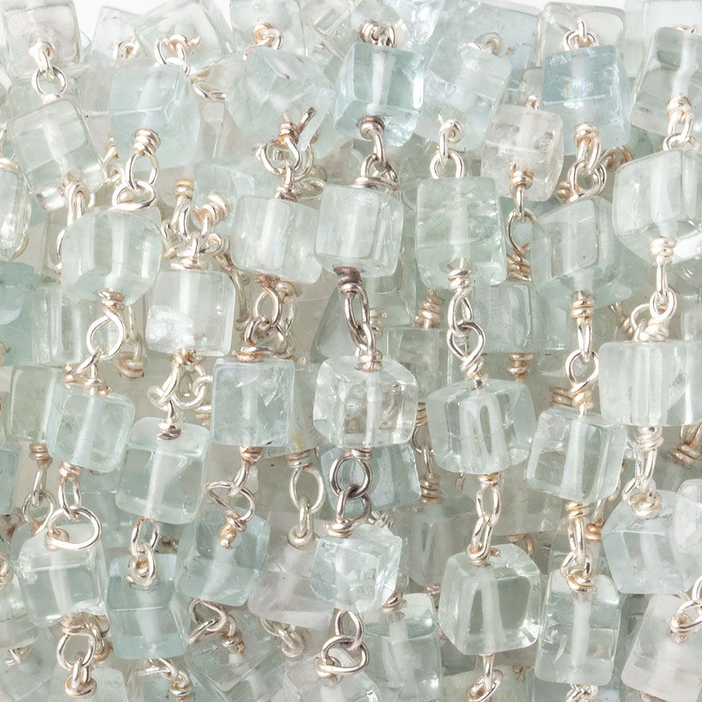 3.5-4mm Aquamarine Plain Cubes on .925 Sterling Silver Chain