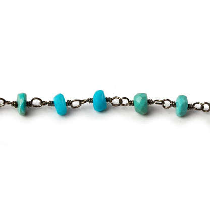 3.5-4mm Sleeping Beauty Turquoise faceted rondelle Black Gold .925 Silver Chain by the foot