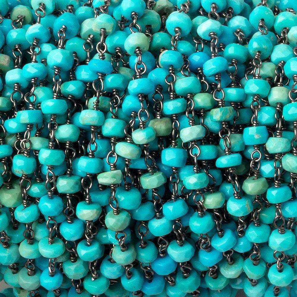 3.5-4mm Sleeping Beauty Turquoise faceted rondelle Black Gold .925 Silver Chain by the foot