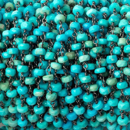 3.5-4mm Sleeping Beauty Turquoise faceted rondelle Black Gold .925 Silver Chain by the foot