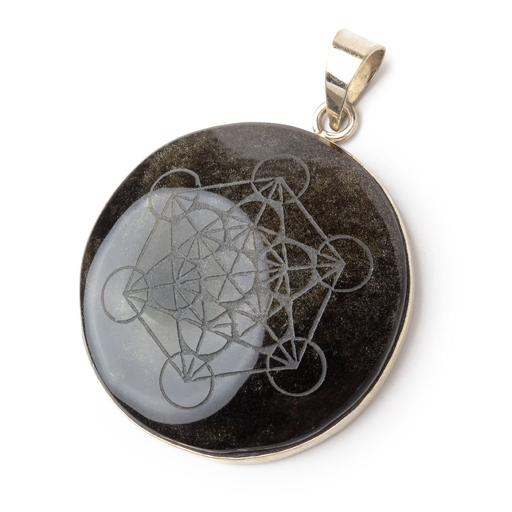 35mm .925 Silver Bezel Golden Sheen Obsidian Carved Coin 1 Pendant