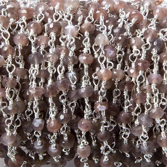 3.5mm Chocolate Moonstone faceted rondelle Silver plated Chain by the foot 37pcs