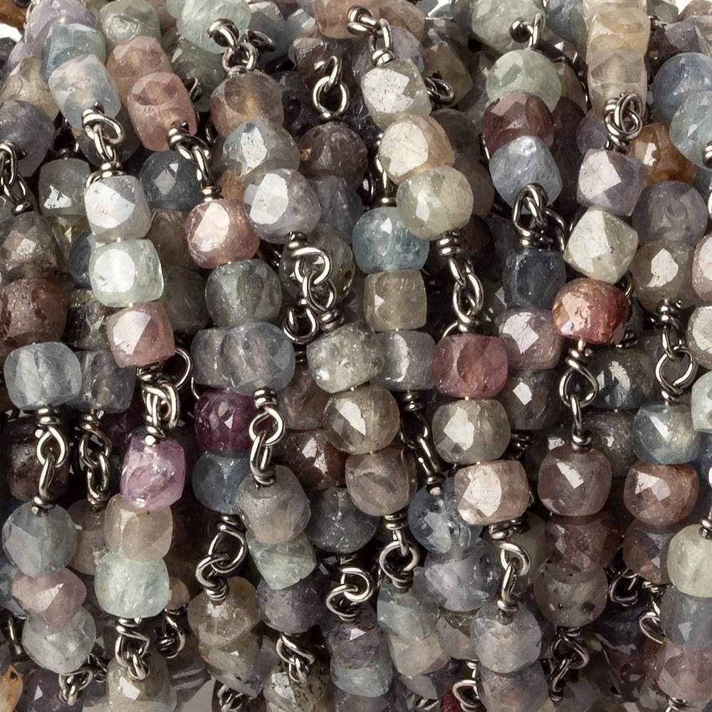 3.5mm Multi Color Umba Sapphire faceted cube Black Gold plated Silver .925 Chain by the foot