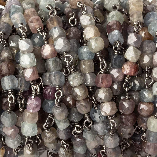 3.5mm Multi Color Umba Sapphire faceted cube Black Gold plated Silver .925 Chain by the foot