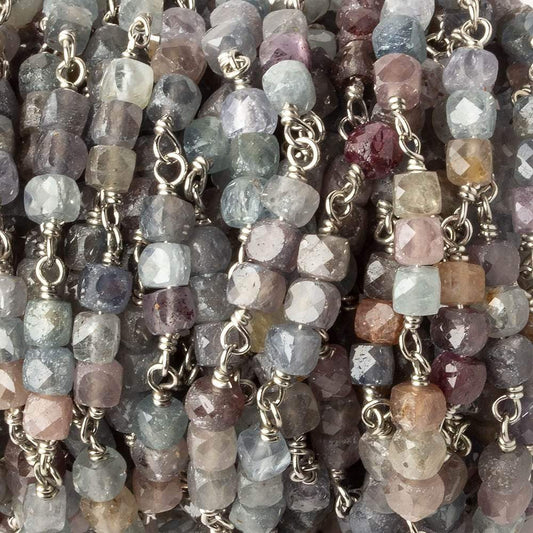 3.5mm Multi Color Umba Sapphire faceted cube Silver .925 Chain by the foot