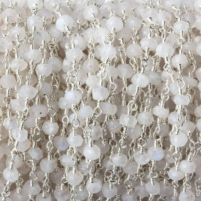 3.5mm Rainbow Moonstone faceted rondelle Silver Plated Chain by the foot 35 pieces