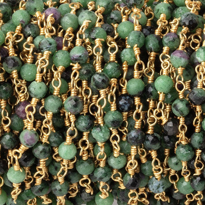 3.5mm Ruby in Zoisite Micro Faceted Rounds on Gold Plated Chain