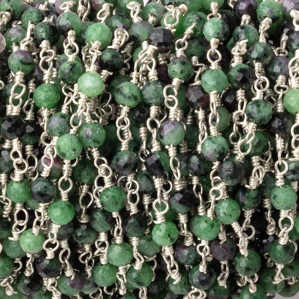 3.5mm Ruby in Zoisite Micro Faceted Rounds on Silver Plated Chain