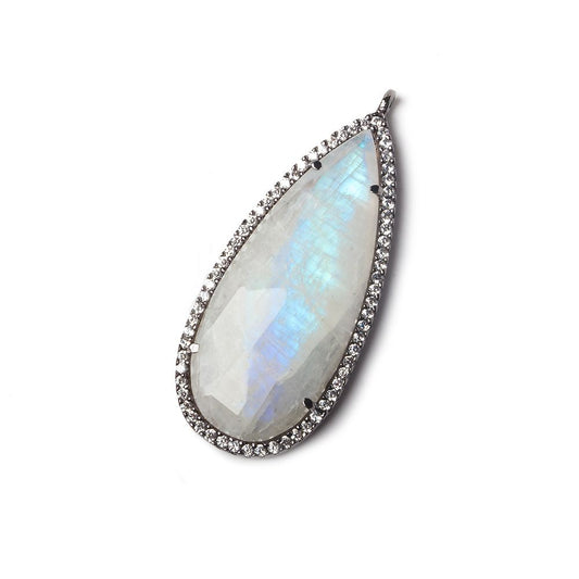 36x17mm Black Gold Bezeled White CZ and Rainbow Moonstone Pear Pendant 1 piece