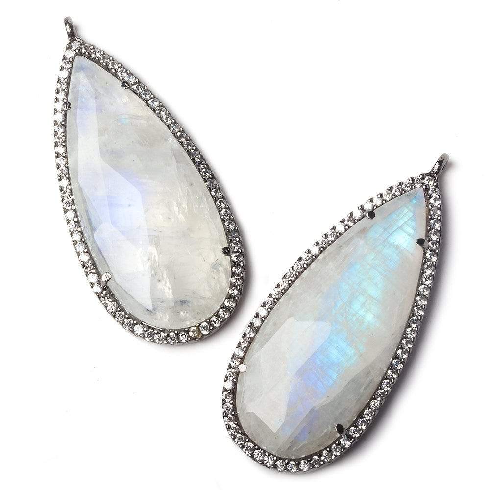 36x17mm Black Gold Bezeled White CZ and Rainbow Moonstone Pear Pendant 1 piece