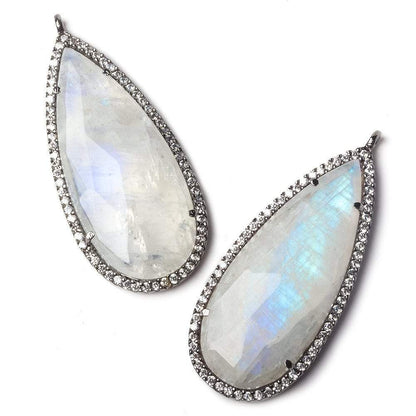 36x17mm Black Gold Bezeled White CZ and Rainbow Moonstone Pear Pendant 1 piece