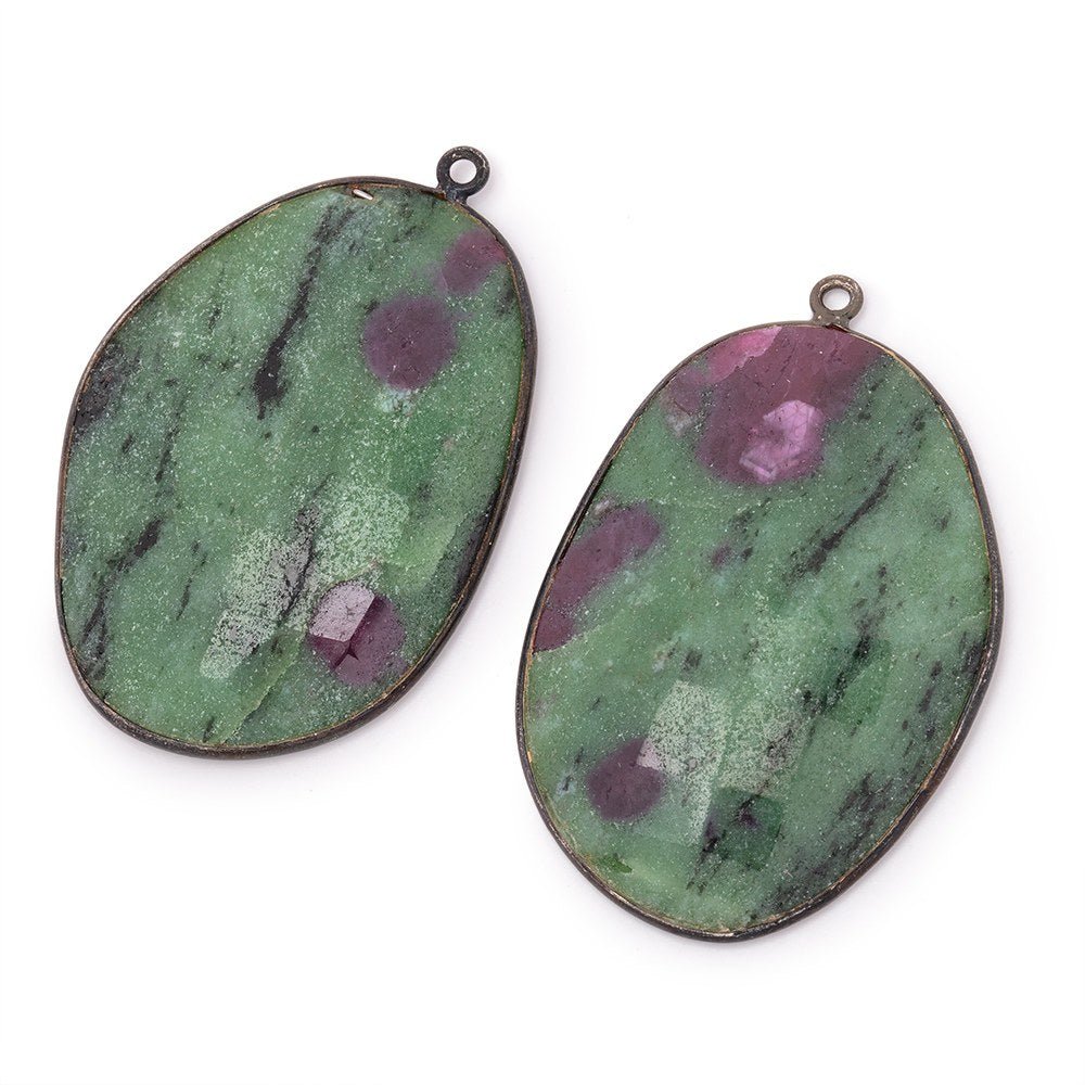 38x27mm Black Gold Bezel Ruby in Zoisite Faceted Freeform Set of 2 Pendants