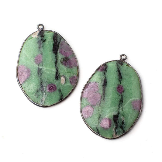 38x28mm Black Gold Bezeled Ruby in Zoisite Freeform Set of 2 Pendants