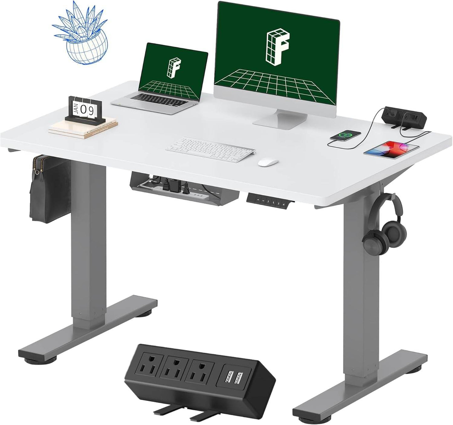 EN2 Height Adjustable Electric Standing Desk - 48"x30" with Clamp Power Strip & Cable Management (Gray Frame + Mahogany Top)