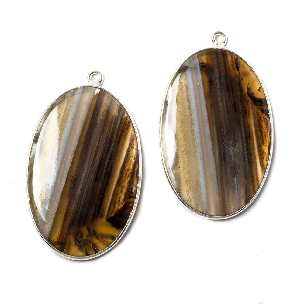 39x23mm Silver Bezeled Banded Agate Oval Pendant Matching Set of 2