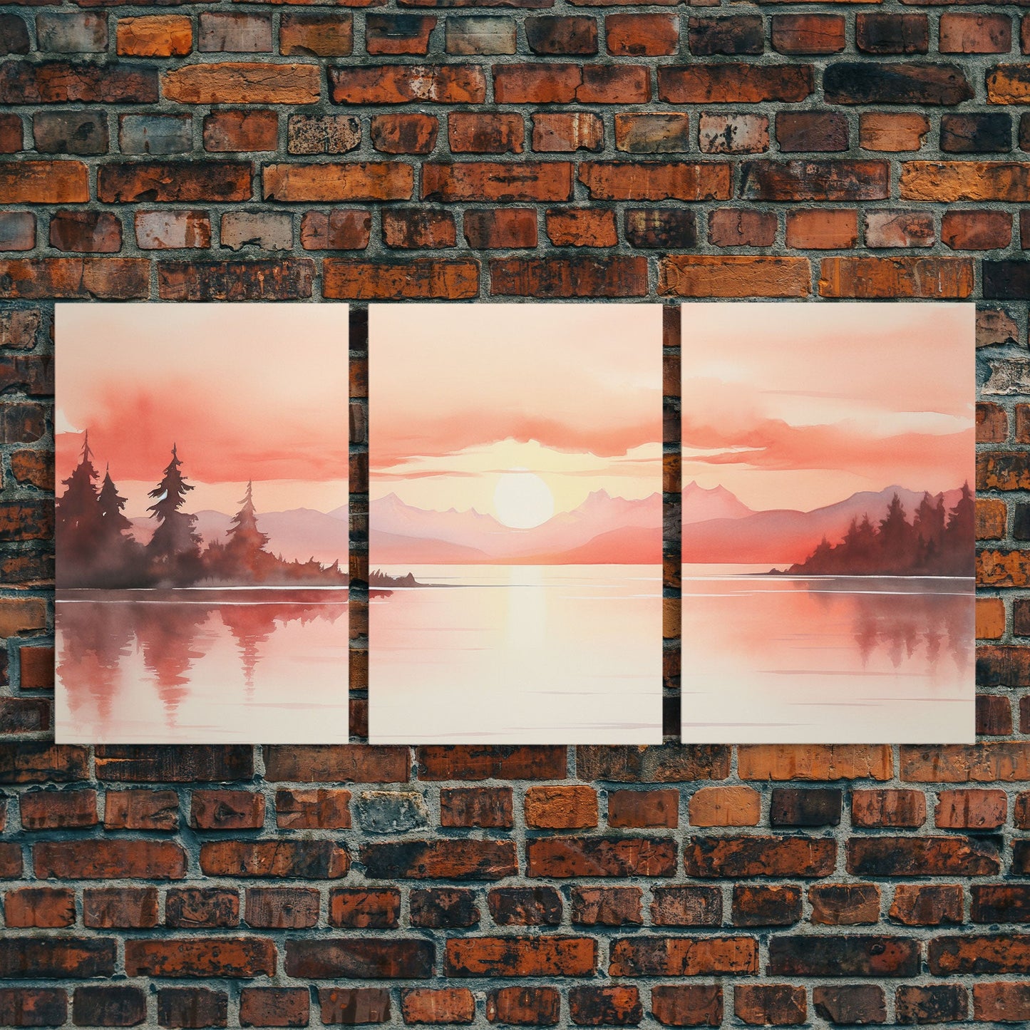 Beautiful Red Lake Sunset 3 Piece Framed Canvas Print Set, Above Sofa Art, Living Room Decor, Beautiful Wall Art, Watercolor Painting