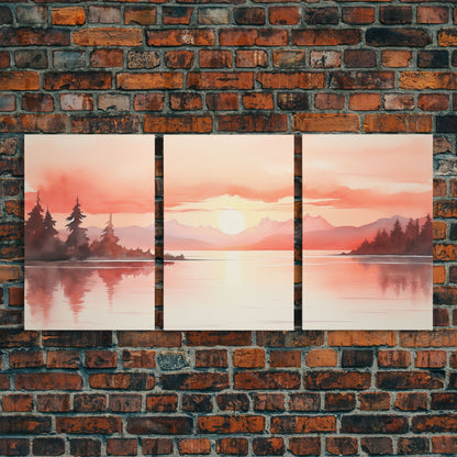 Beautiful Red Lake Sunset 3 Piece Framed Canvas Print Set, Above Sofa Art, Living Room Decor, Beautiful Wall Art, Watercolor Painting