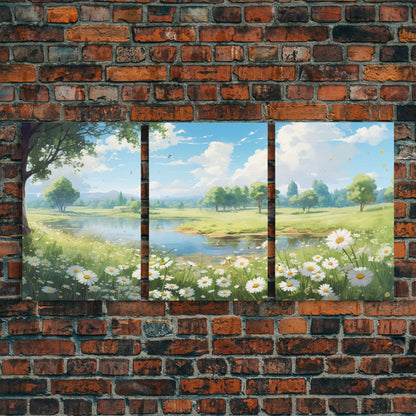 Beautiful Spring Meadow Landscape Painting 3 Piece Set, Spring Centerpiece Art, Original Oil Painting Wall Art, Minimalist Whimsical Decor