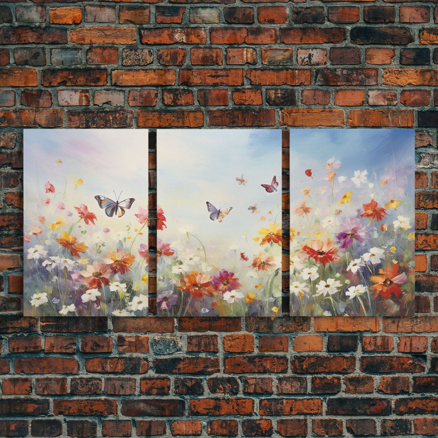 Butterly Wall Print, Wildflower Wall Art, Wildflower Meadow, Canvas Print, Set Of 3 Prints, Wall Art, 3 Piece Wall Art, Botanical Art