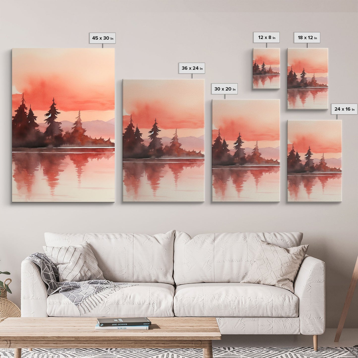 Beautiful Red Lake Sunset 3 Piece Framed Canvas Print Set, Above Sofa Art, Living Room Decor, Beautiful Wall Art, Watercolor Painting