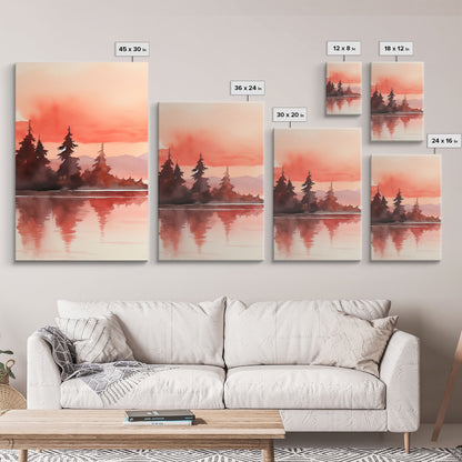 Beautiful Red Lake Sunset 3 Piece Framed Canvas Print Set, Above Sofa Art, Living Room Decor, Beautiful Wall Art, Watercolor Painting