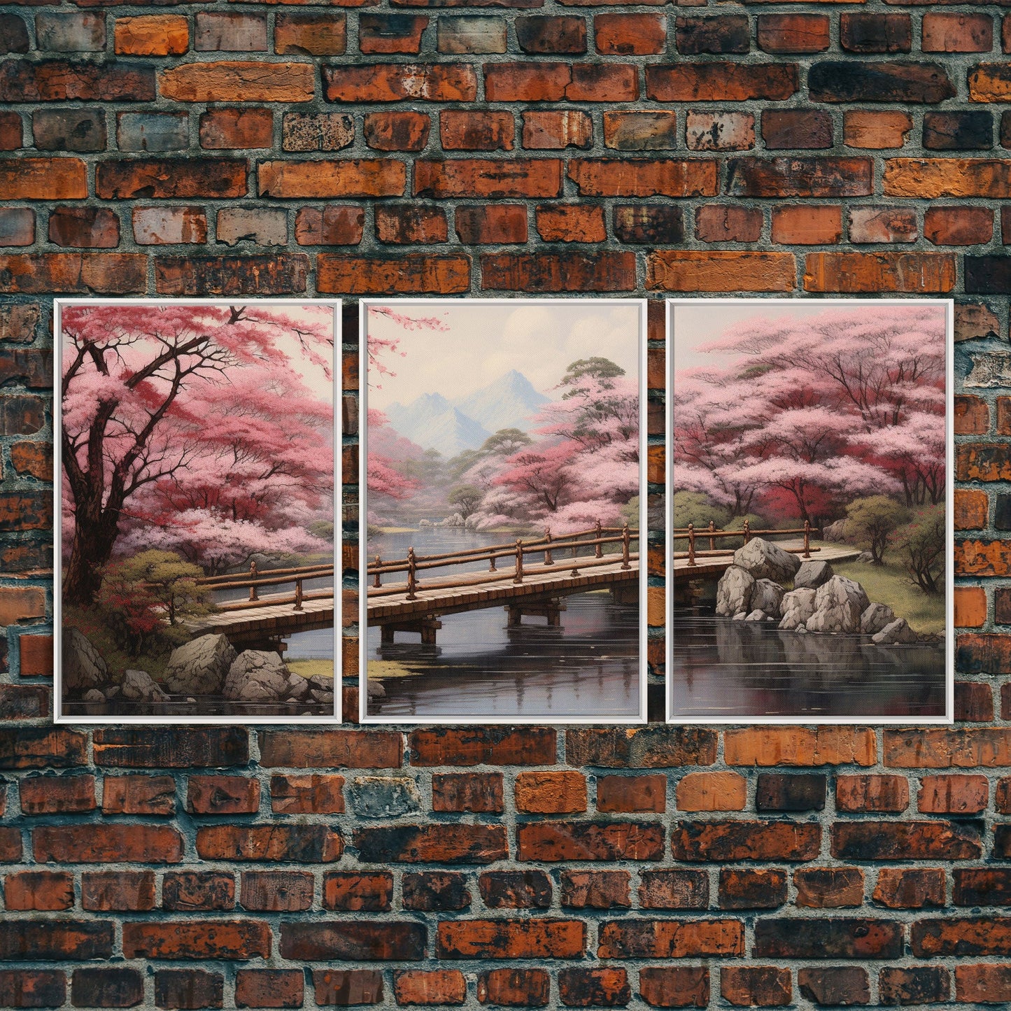 Wabi Sabi Decor, Framed Canvas Print, 3 Piece Set, Beautiful Japanese Maple Tree Garden