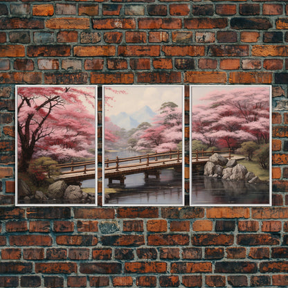 Wabi Sabi Decor, Framed Canvas Print, 3 Piece Set, Beautiful Japanese Maple Tree Garden