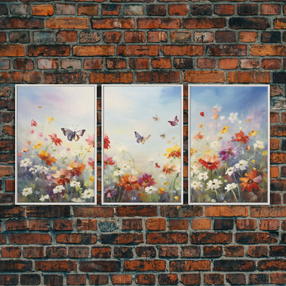Butterly Wall Print, Wildflower Wall Art, Wildflower Meadow, Canvas Print, Set Of 3 Prints, Wall Art, 3 Piece Wall Art, Botanical Art