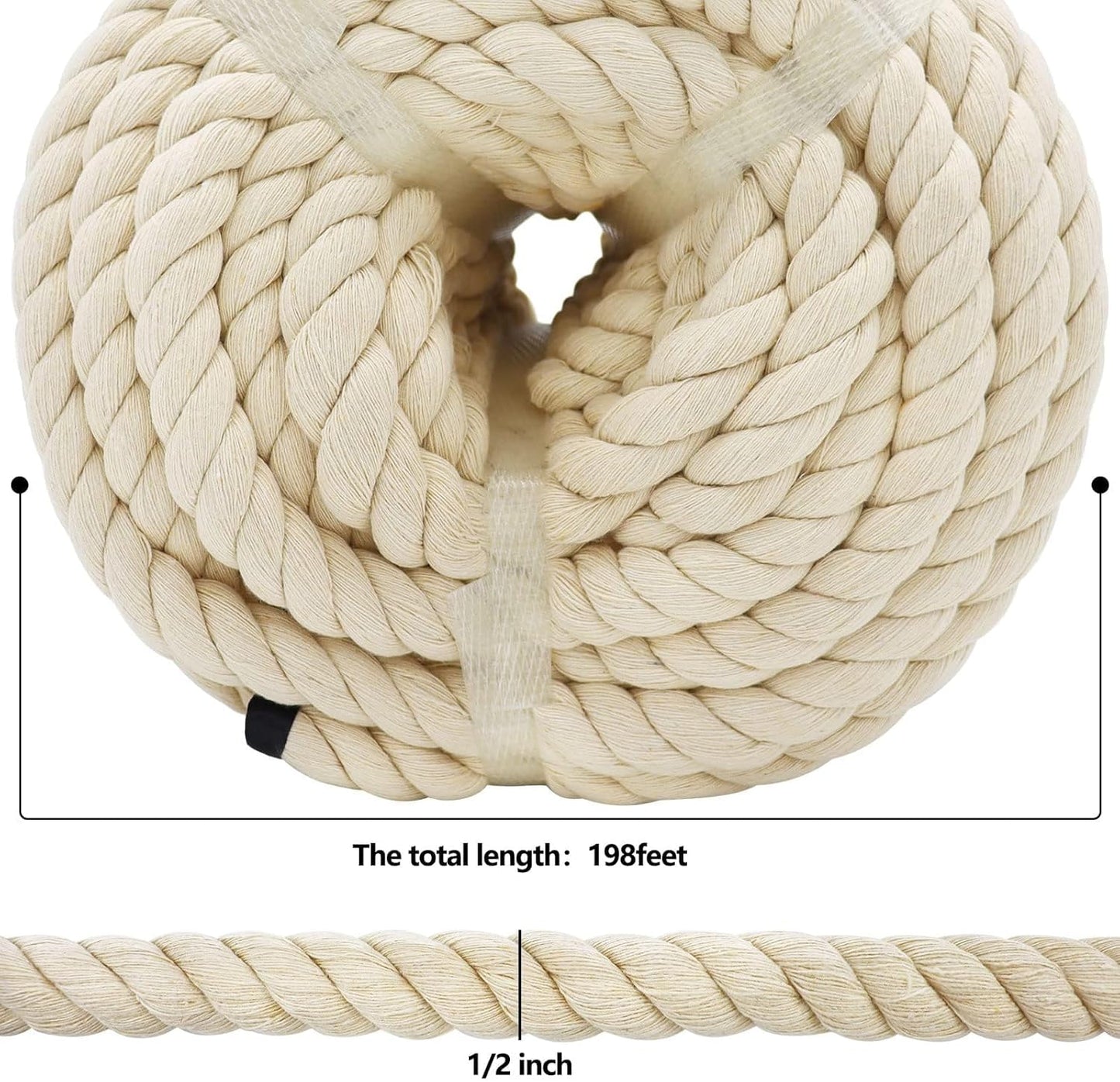 1OO% Natural Cotton Rope 1/2 Inch X 198 Feet Strong Soft Cotton Cord for DIY Crafts Gardening Hammock Home Decorating, Macrame,Projects Pet Toys,White Rope