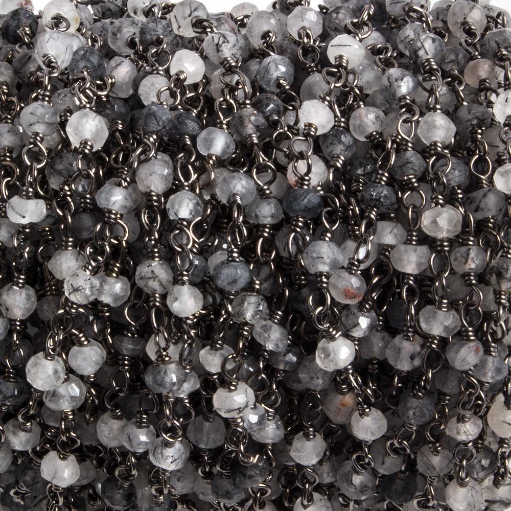 3mm Black Tourmalinated Quartz rondelle Black Gold Chain by the foot 36 pcs