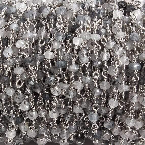 3mm Black Tourmalinated Quartz  rondelle Silver Chain by the foot 36 pieces