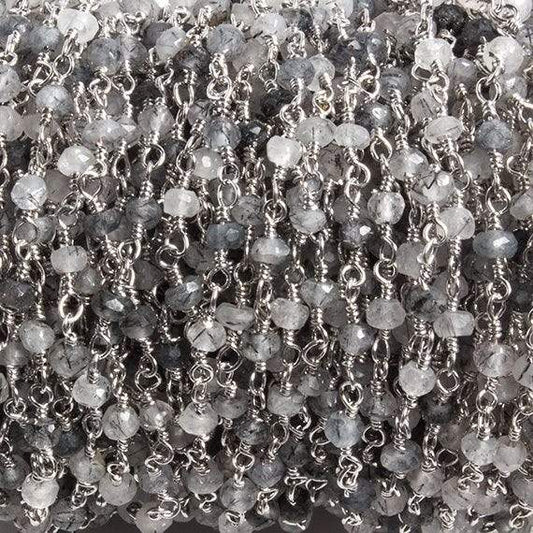 3mm Black Tourmalinated Quartz  rondelle Silver Chain by the foot 36 pieces