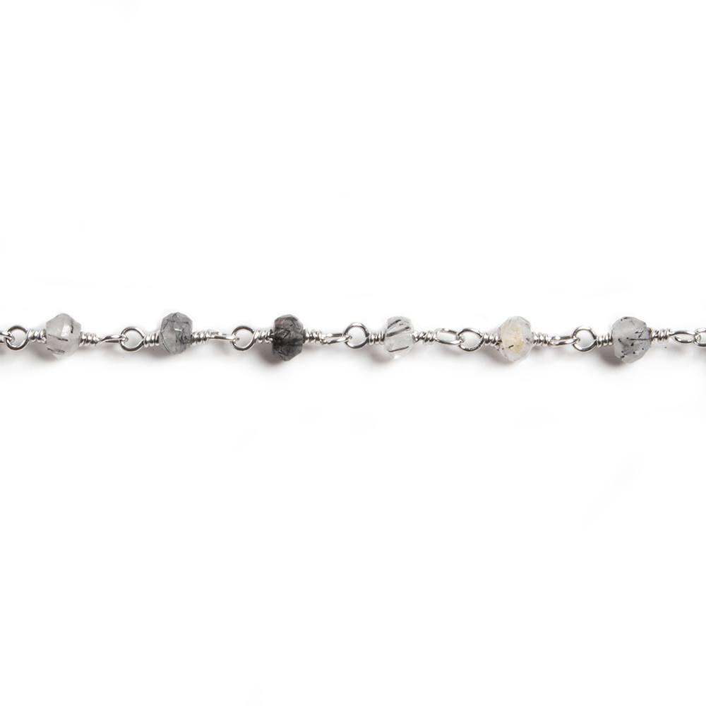 3mm Black Tourmalinated Quartz  rondelle Silver Chain by the foot 36 pieces