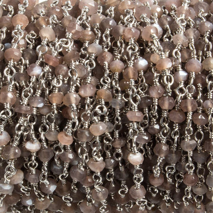 3mm Chocolate Moonstone faceted rondelle Silver Chain by the foot 36 pieces