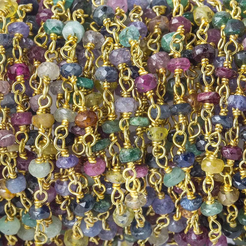 3mm Emerald, Sapphire, Ruby faceted rondelle Vermeil Chain by the foot 40 beads AAA