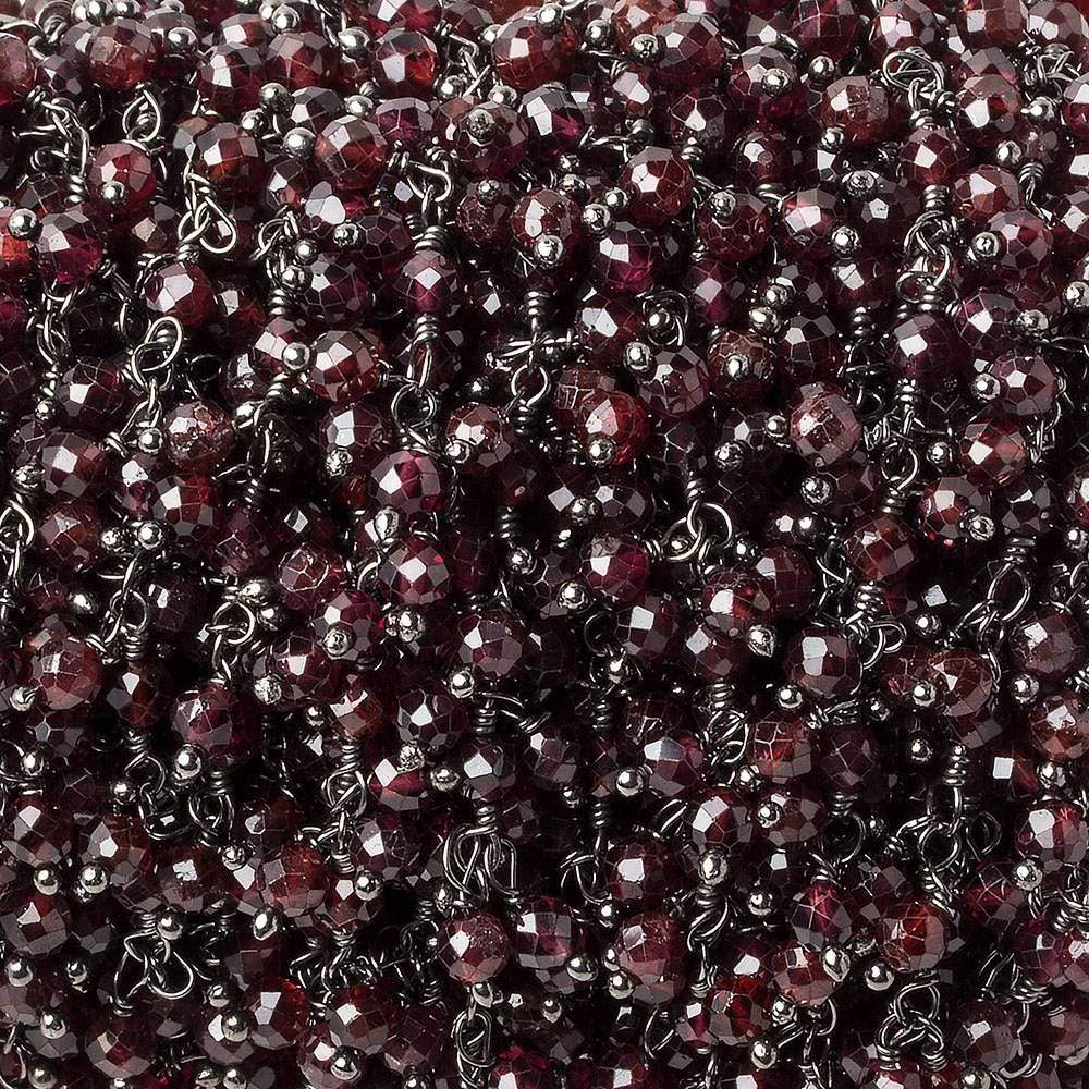 3mm Garnet micro-faceted round Black Gold Dangling Chain by the foot