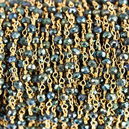 3mm Green Mystic Spinel faceted rondelle Gold Wire Wrapped Chain by foot