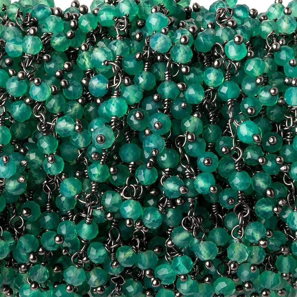 3mm Green Onyx micro faceted round Black Gold Dangling Chain by the foot
