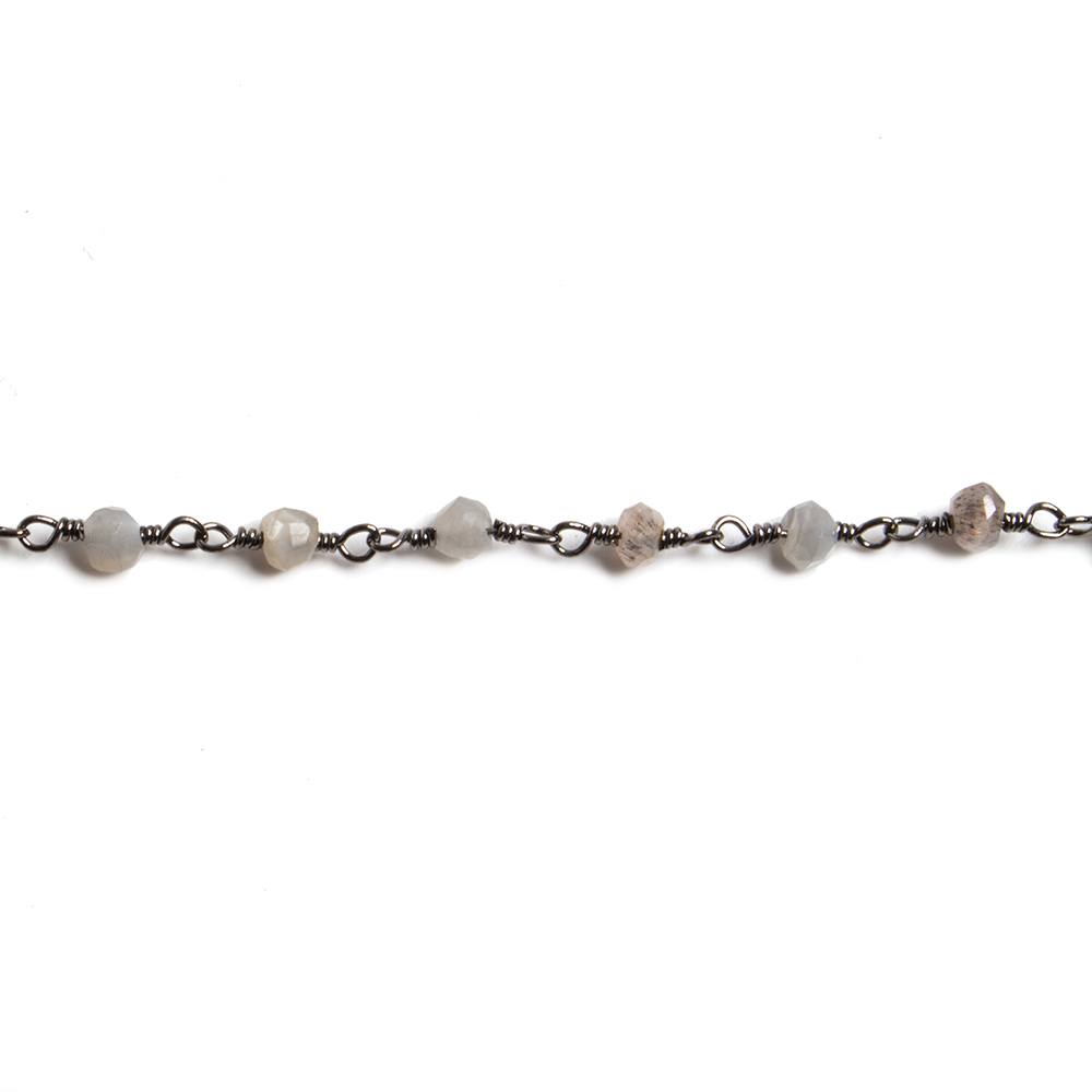 3mm Grey Moonstone faceted rondelle Black Gold Chain by the foot 36 pieces